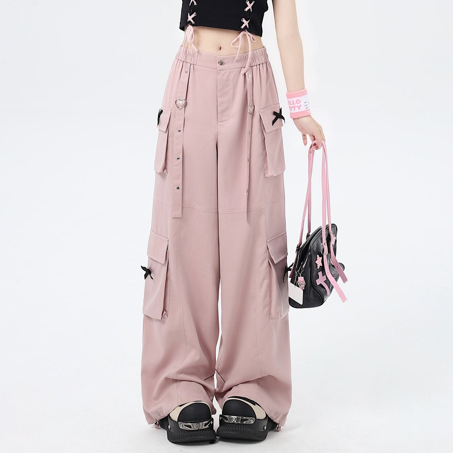 Crazy Girl Heart Strap Pink Black Elastic Waist Pants