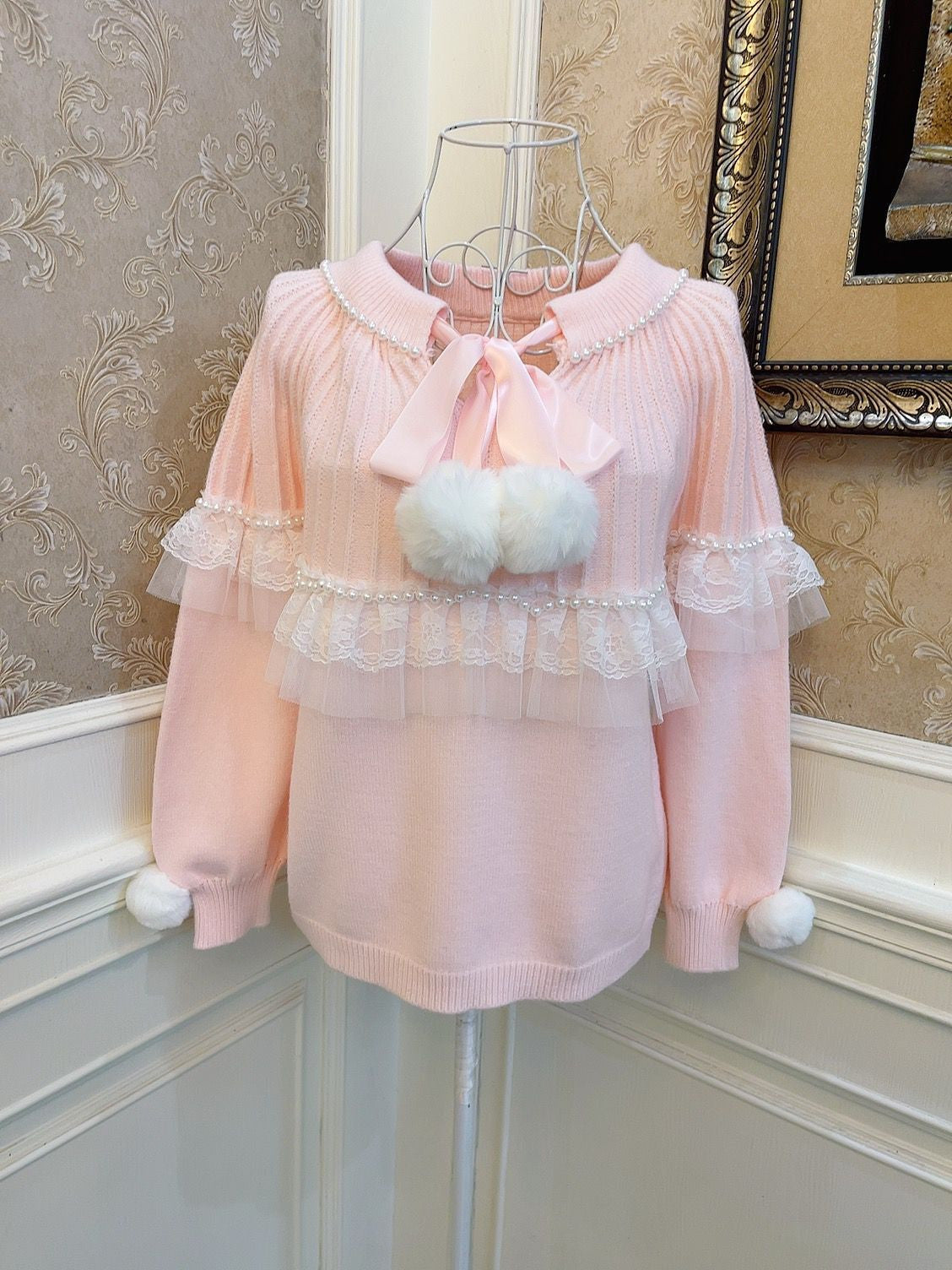 Sweetheart Princess Pearl Lace Furball Pink Knit Loose Sweater