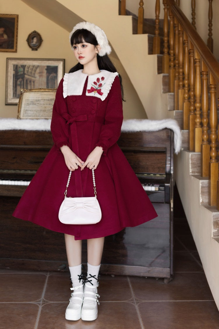 Unknown Star Tulip Woolen Lolita White Cream Crimson Red Winter Coat Dress