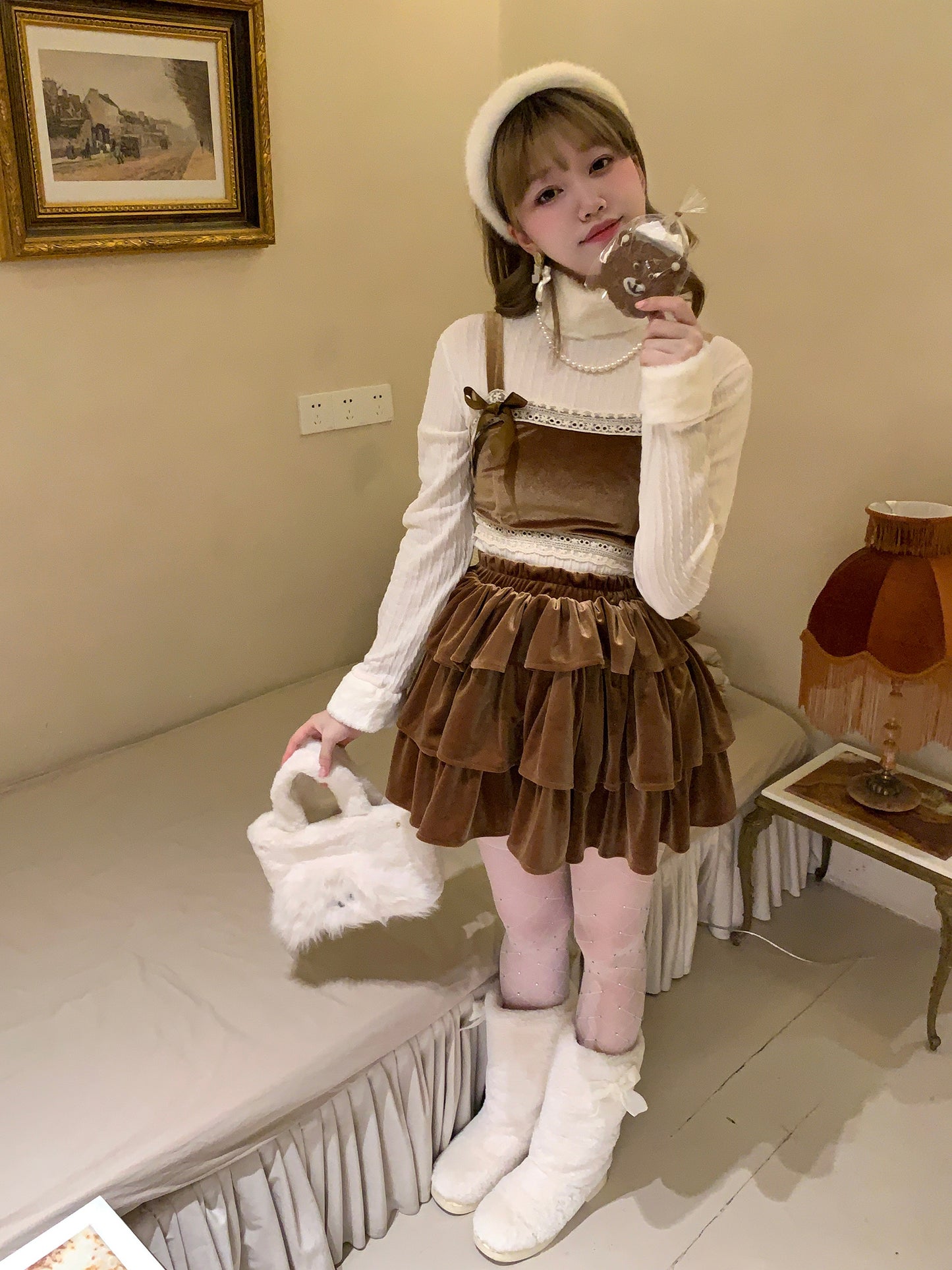 Picnic Girl Winter Coffee Brown Velvet Camisole Skirt Sweater Three Piece Set