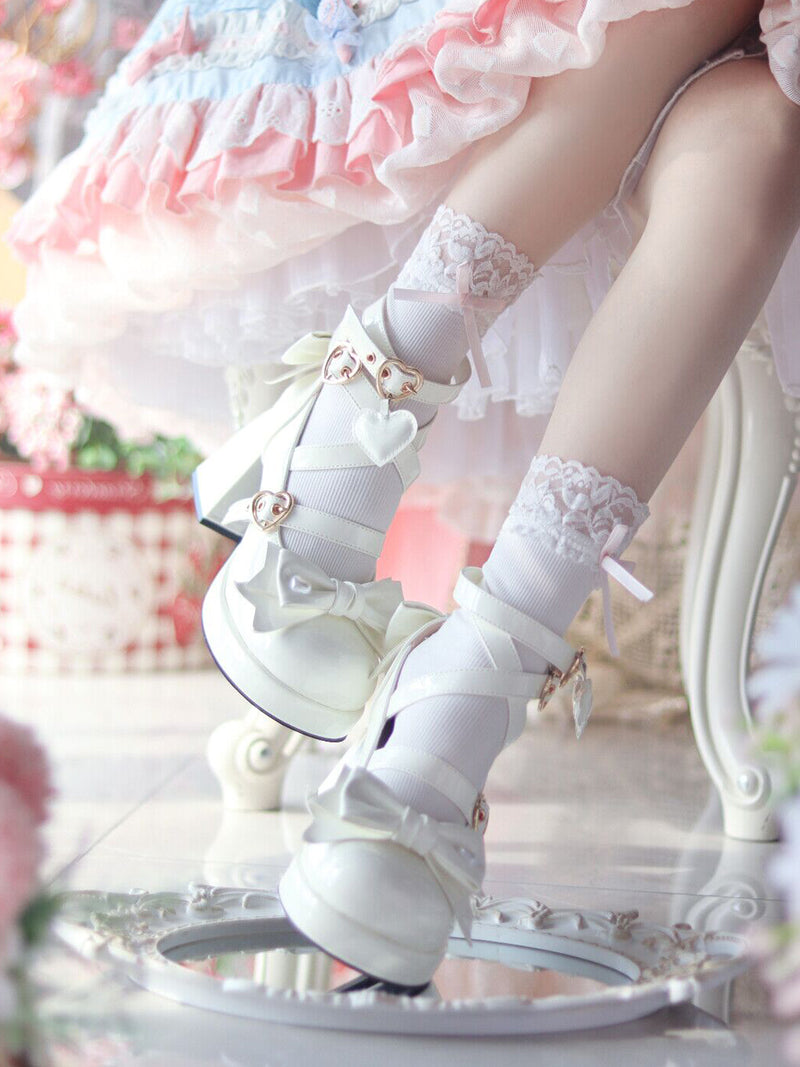 Love Song Love Track Lolita Black White Pink Red Bow Mary Jane High Heels Shoes