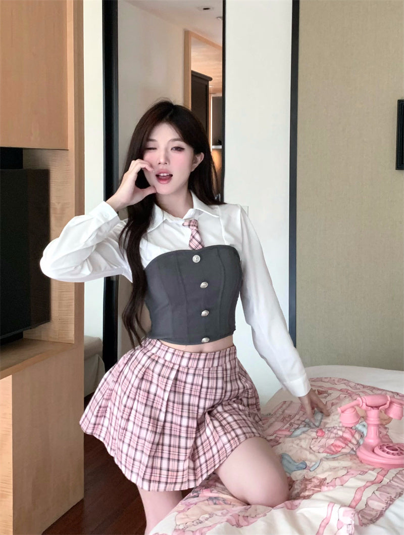 Student College Style Shirt Vest Pink Plaid Tie Pleated Skirt Two Piece Set