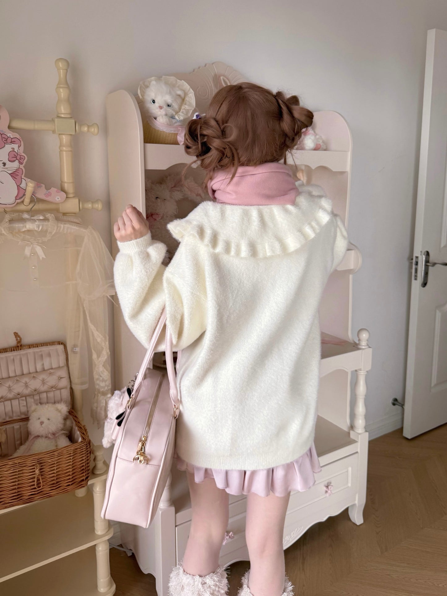 Luyu Soft White Pink Blue Knit Sweater & Skirt & Scarf Three Piece Set