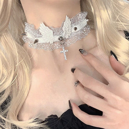 White Black Wings Coquette Cross Lace Choker Necklace