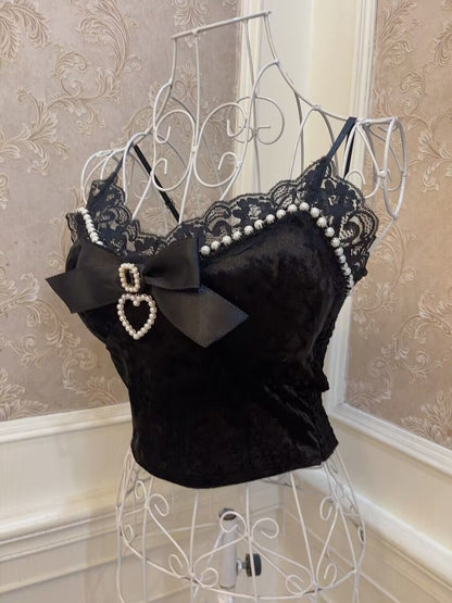 Sweetheart Princess Pearl Lace Velvet Black White Camisole Top