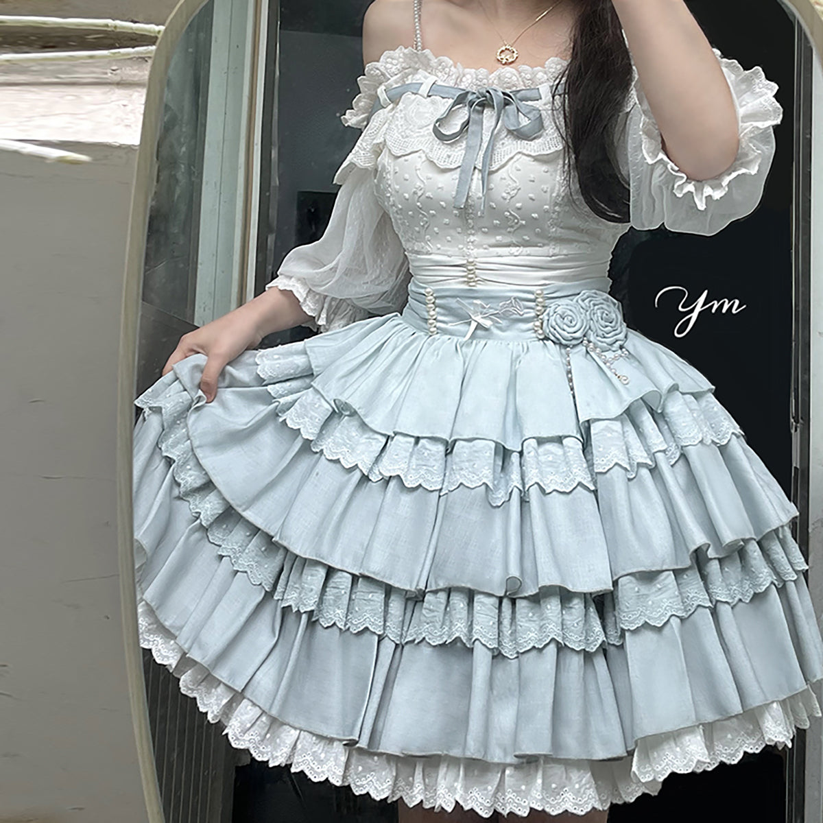 Lolita Flower Academy Princess White Top & Blue Ruffle Skirt Two Piece Set