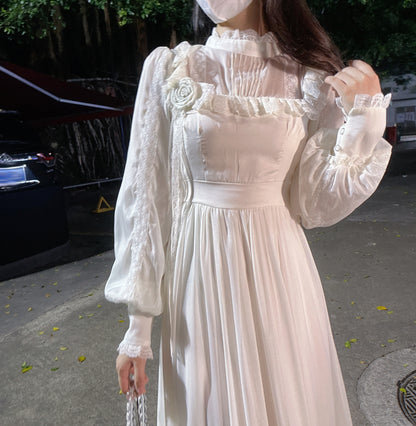 Ruellia Elegant Fall Layered Ruffled Lace White Long Dress