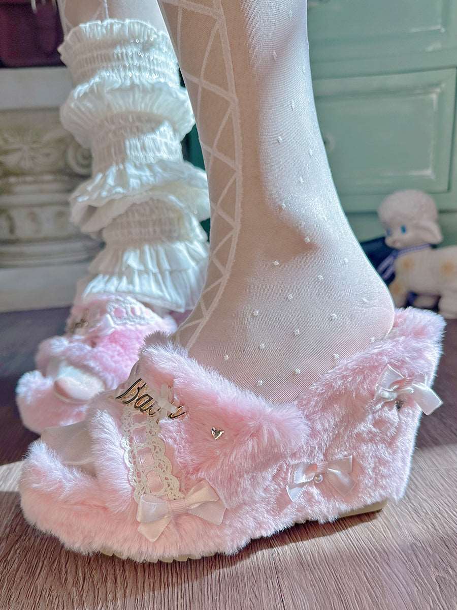 Coquette Princess Pink Bow Plush Lace High Heels Shoes