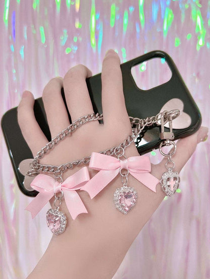 Candy Bunny Sweet Coquette Heart Bow Black Pink Phone Case Charm Strap Chain