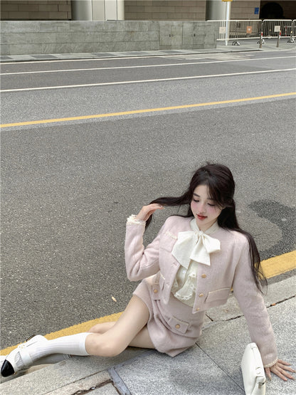 Soft Light Pink Woolen Jacket & Mini Skirt Autumn Two Piece Set