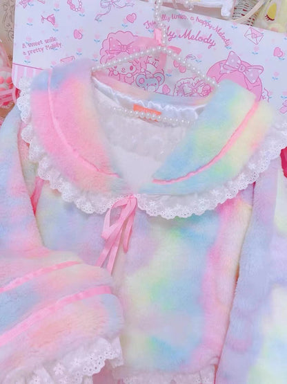 Candy Fairy Sweet Rainbow Gradient Sailor Collar Ruffled Winter Jacket