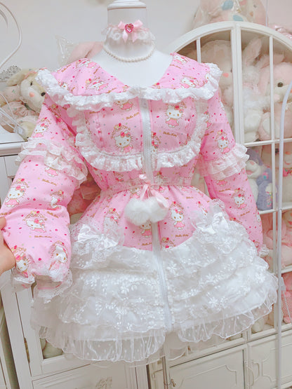 Candy Fairy Sweet Kitty Cat Pink Princess Lace Sailor Collar Winter Padded Puffer Jacket Coat Dress