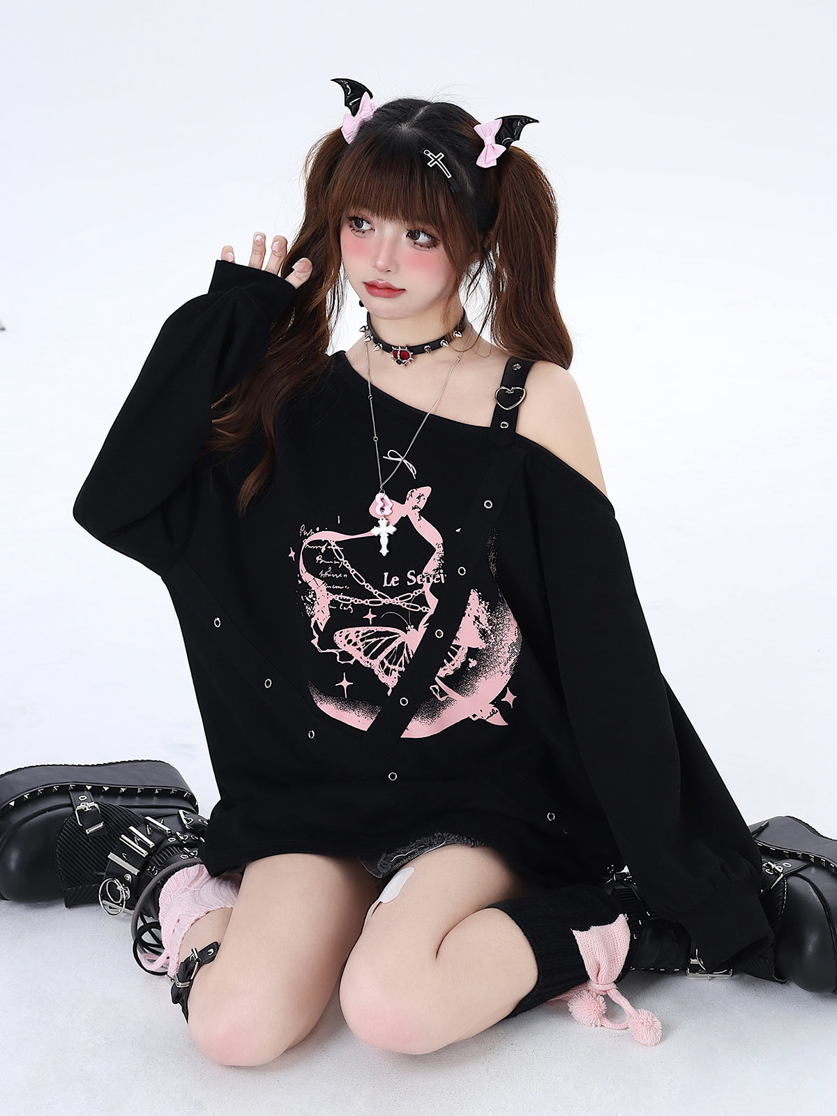 Crazy Girl Butterfly Effect Black Pink Off Shoulder Sweater Top