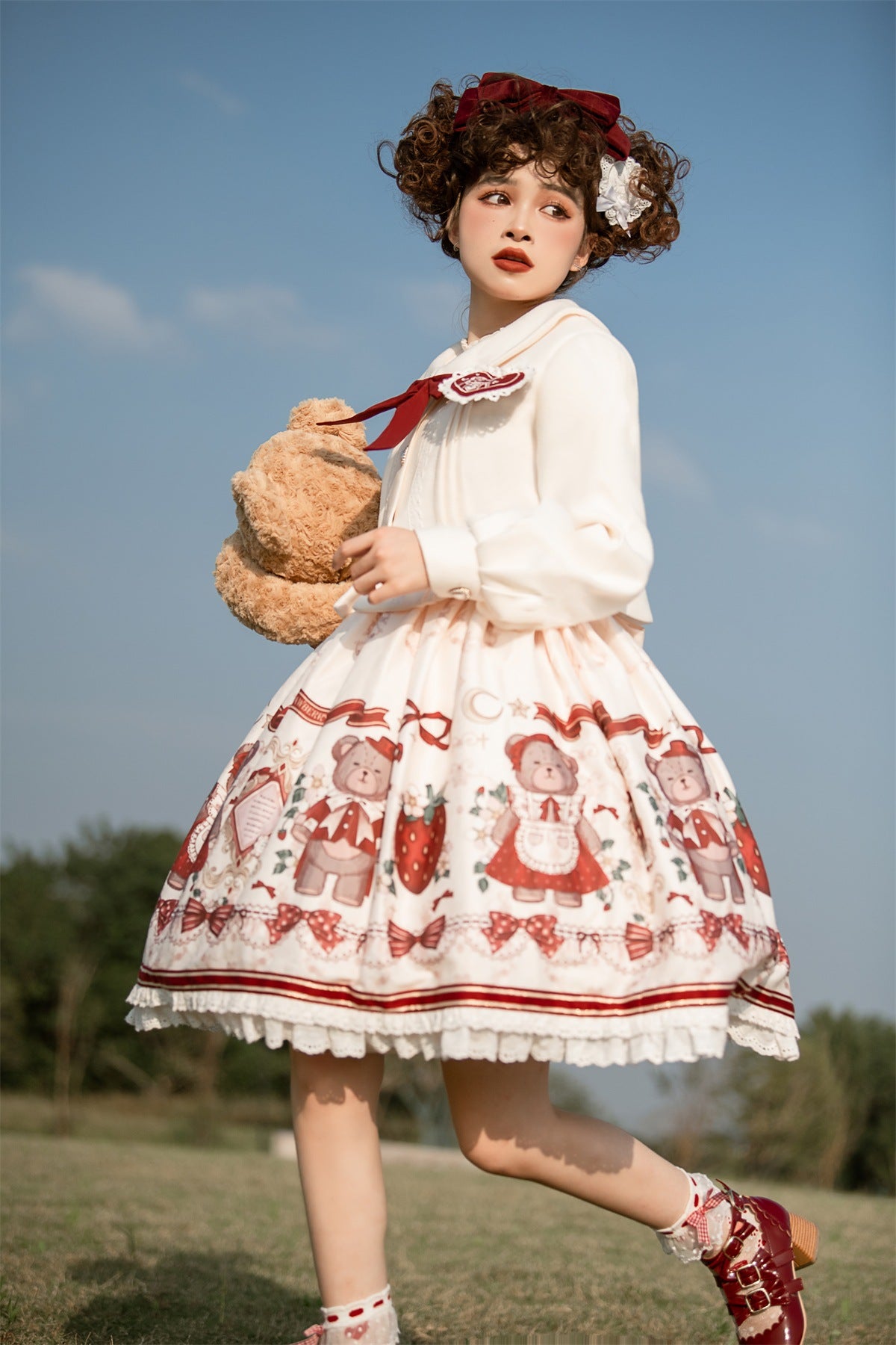 Lolita Teddy Bear Christmas Festive Red White Winter Jacket & Strap Dress Two Piece Set