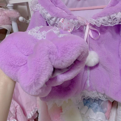 Candy Fairy Pink Purple Princess Sailor Collar Bow Ruffled Plush Fur Jacket