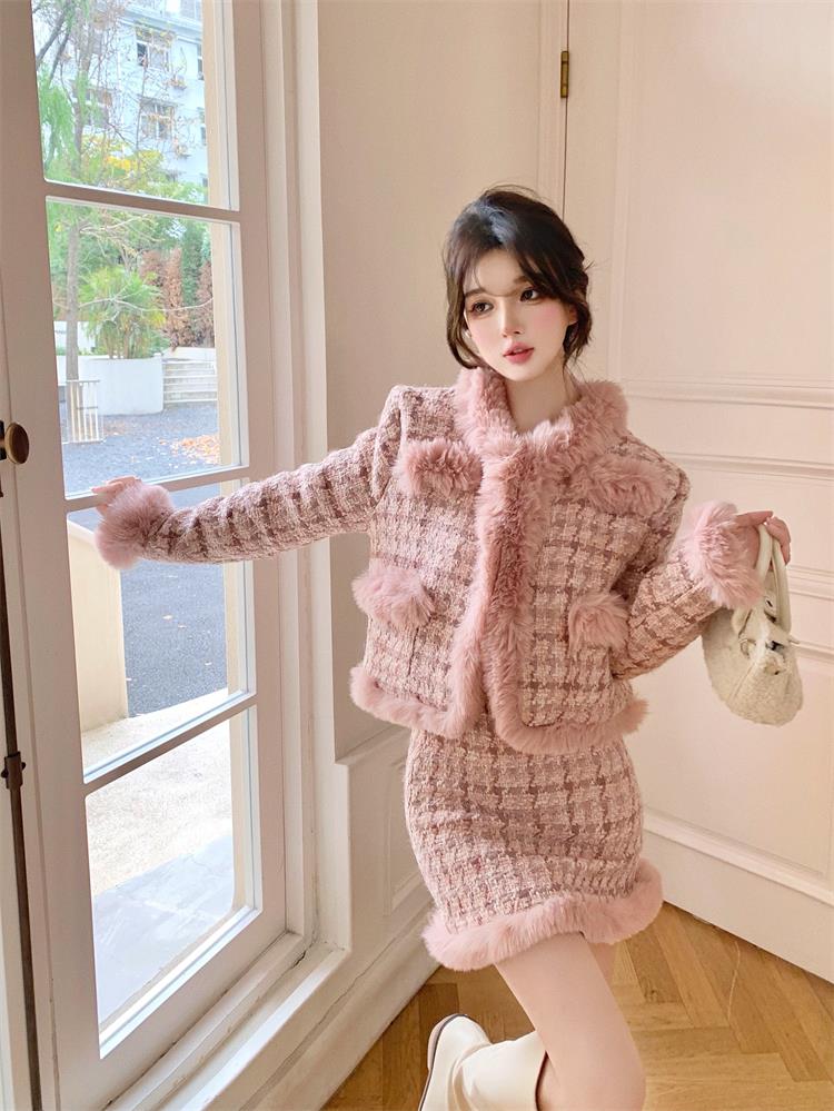 Winter Pink Houndstooth Top Jacket Skirt Two Piece Set