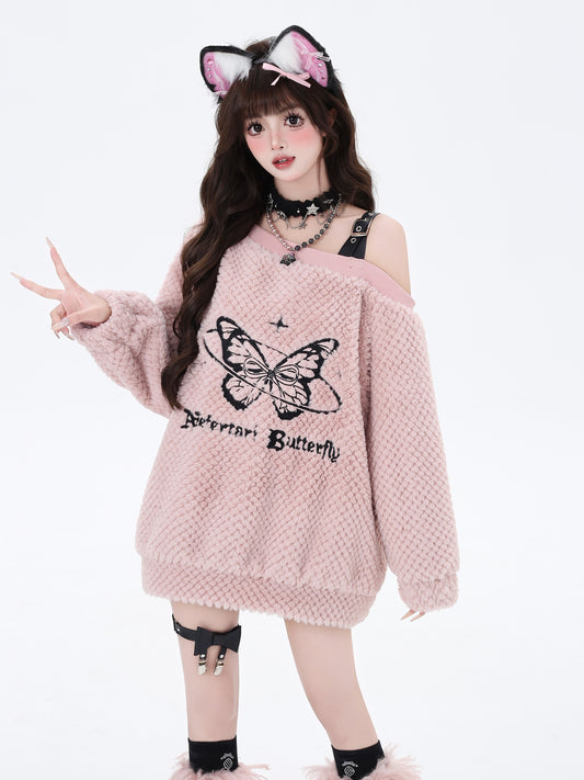 Crazy Girl Winter Letter Butterfly Pink White Purple Black Sweater