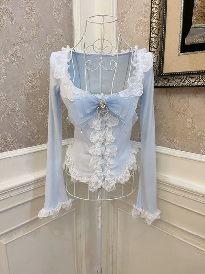 Sweetheart Princess Wood Lace Trumpet Sleeve Blue Top