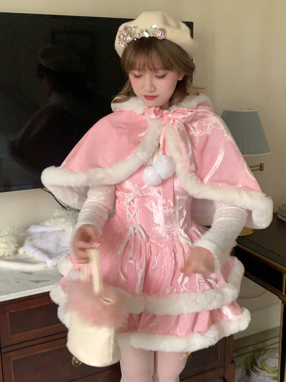 Picnic Girl Winter Christmas Holiday Sweet Lolita Pink Plush Ruffled Strap Dress & Cape Two Piece Set