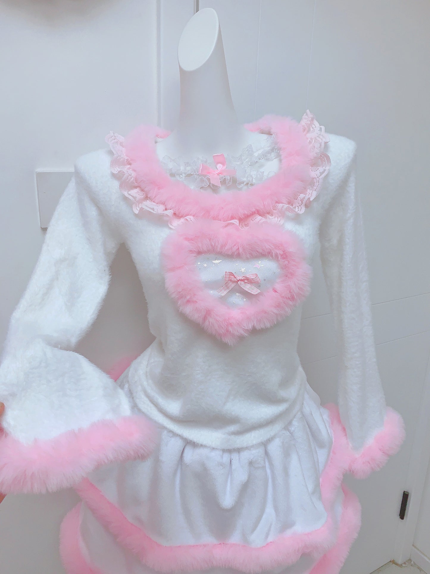 Candy Fairy Winter Pink Fur Plush Bodycon Sweater Top & Ruffled Skirt Two Piece Set