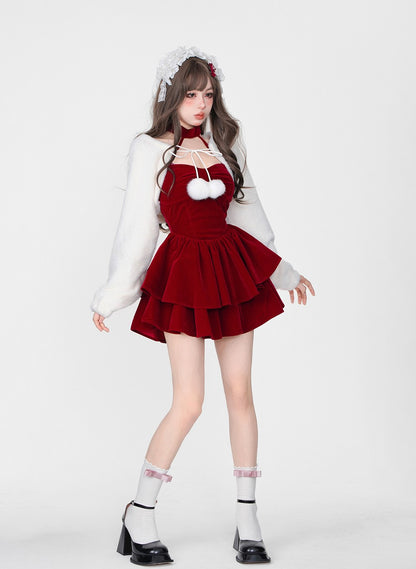 Young Eyes Winter Elf Princess Red Velvet Halter Neck Dress & Little White Jacket Two Piece Set