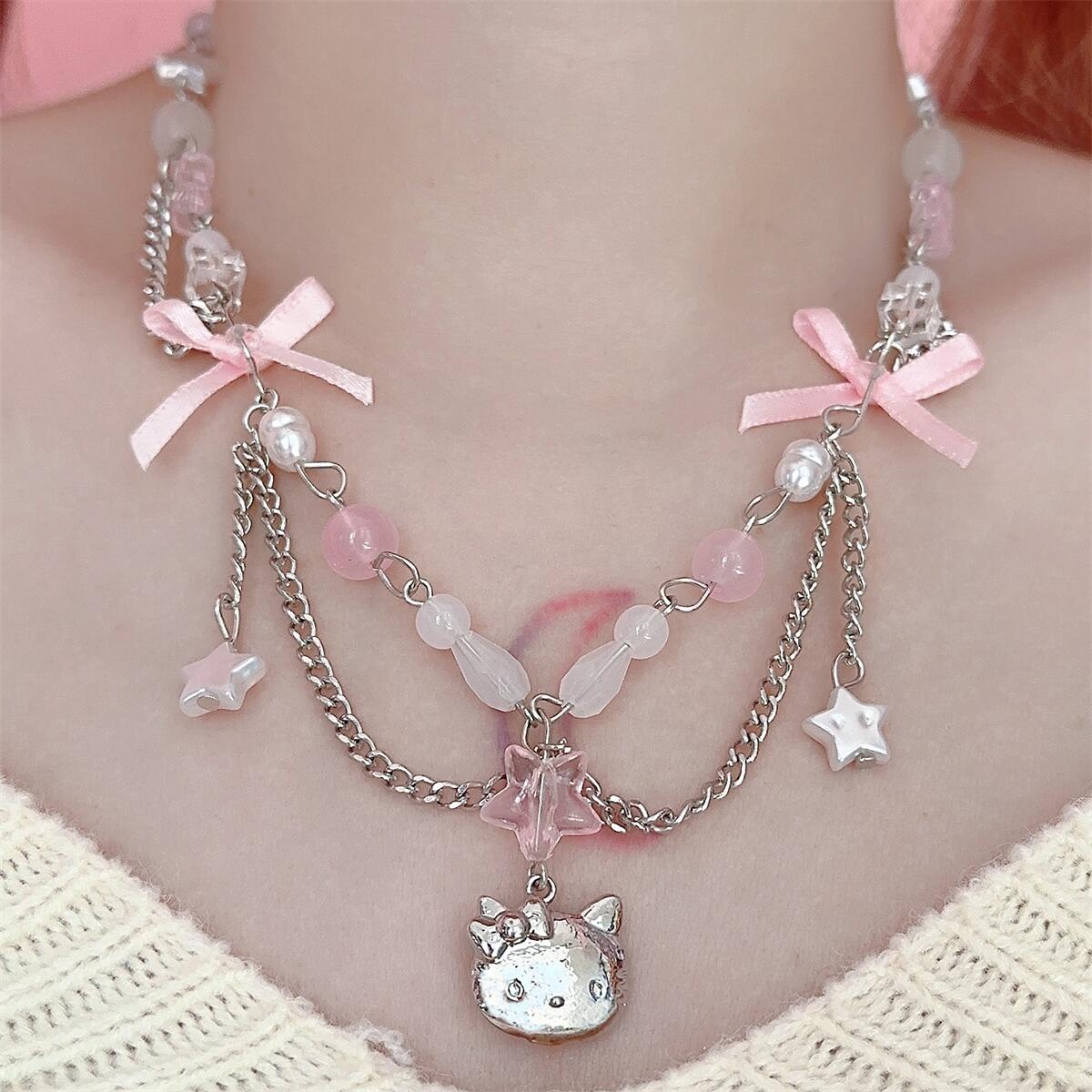 Coquette Bow Star Kitty Pendant Necklace