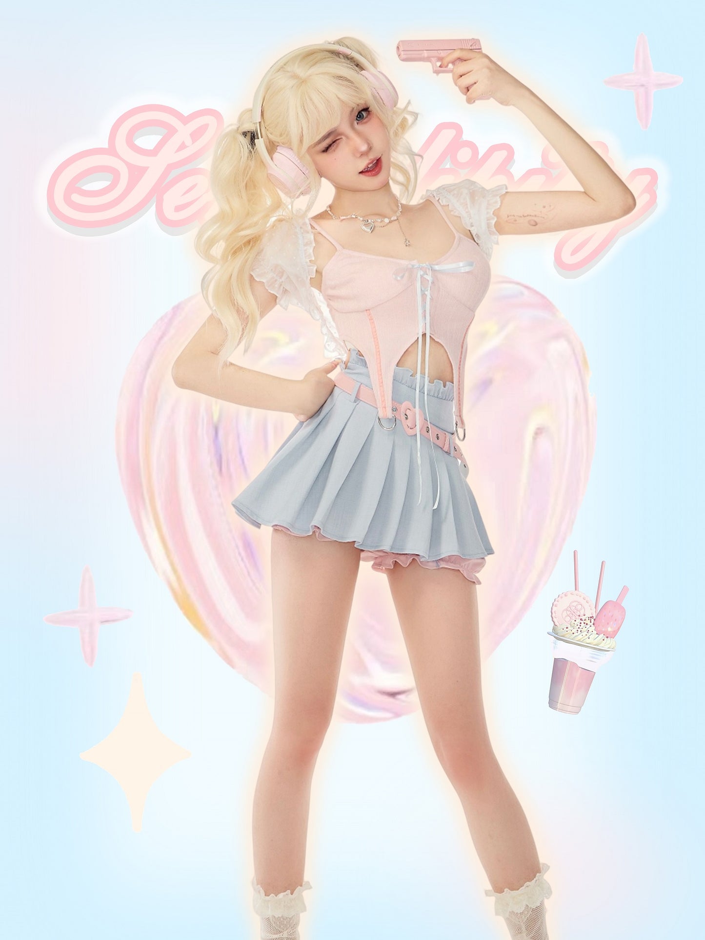 Serendipity Coquette White Sheer Little Cardigan & Pink Sexy Strap Camisole & Blue Pleated Mini Skirt Three Piece Set