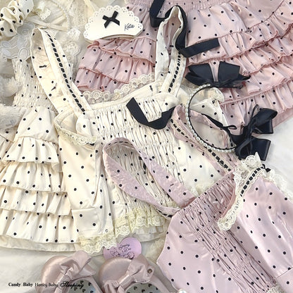 Dormir Doll Satin Doll Polka Dot Pink White Camisole & Skirt Two Piece