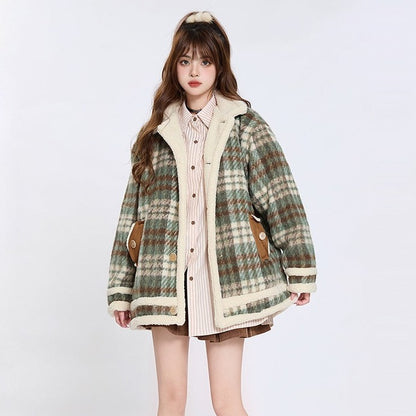 Retro Brown Green Plaid Fall Winter Woolen Cotton Jacket