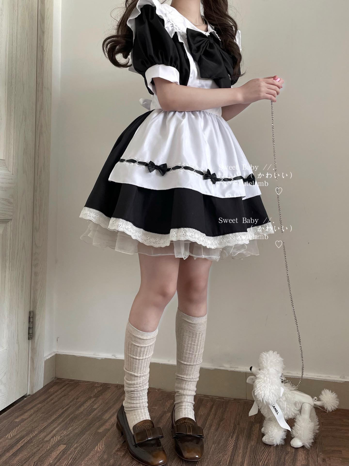 Serendipity Sweet Love Black Pink Bow Cosplay Maid Dress