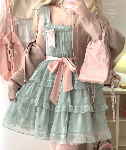 Dormir Doll Sweet Cake Beige Pink Green Layered Ruffled Strap Dress