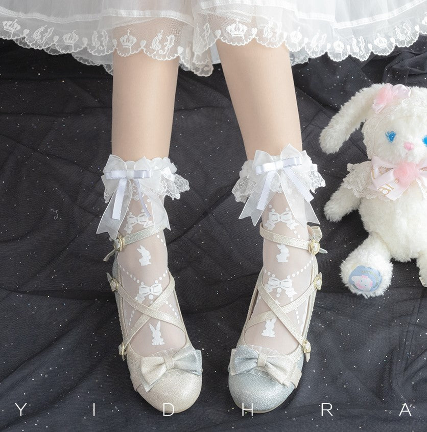 Dream Witch Gummy Bear and Toffee Rabbit Lolita Black White Lace Socks