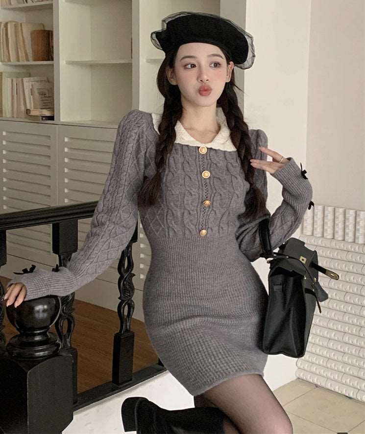 Bow Ribbon Classy Fit Autumn Winter Pink Black Knit Dress