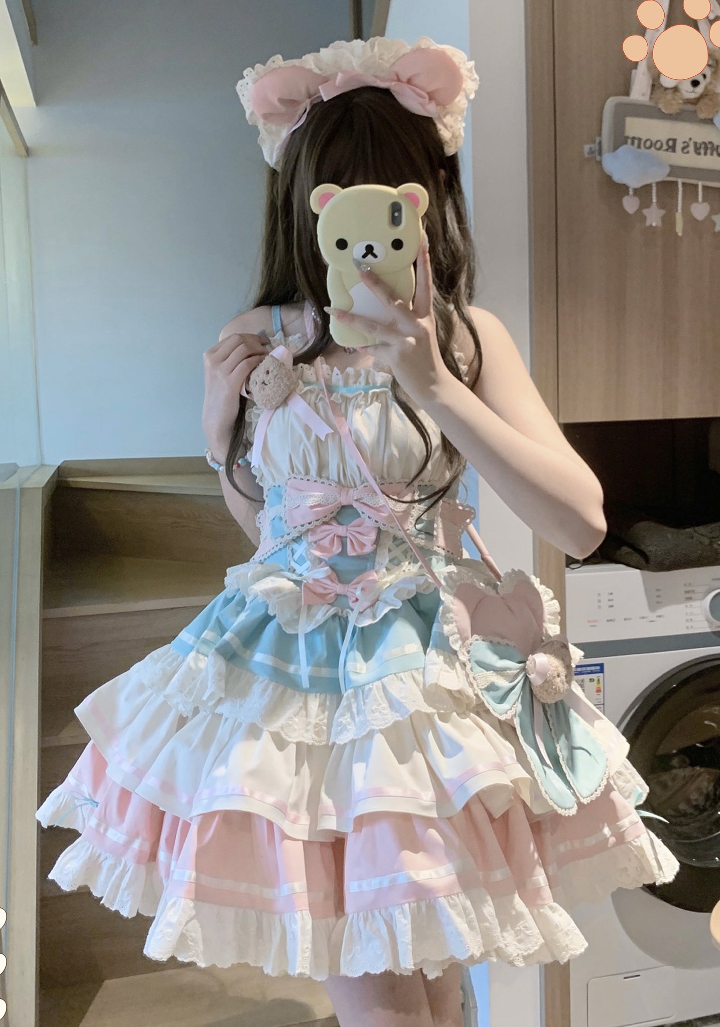 Platycodon Girls Chocolate Teddy Bear Idol Pink & Brown Lolita Dress