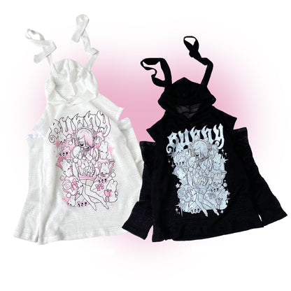 Kitten Bullet Doll Dependence Black & White Hollow Knit Sweater Hoodie Top