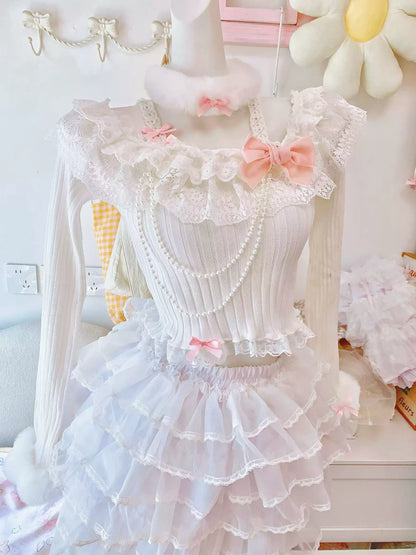 Candy Fairy Pearl Lace White Knit Sweater