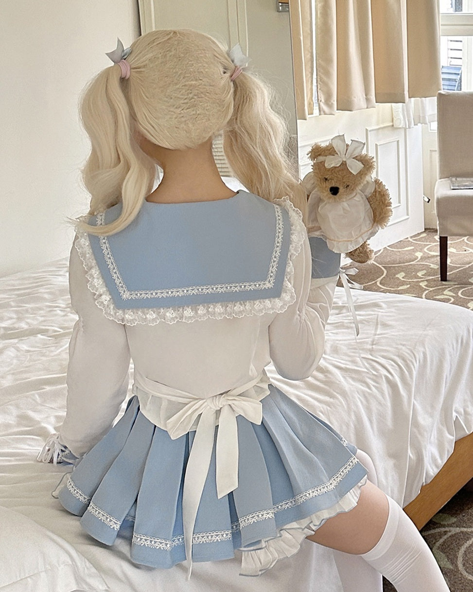 Serendipity Seifuku Sailor School Uniform Pastel Blue White Blouse Shirt & Skirt Two Piece Set