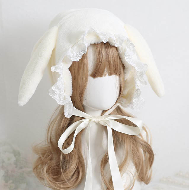 Sweet Rabbit Ear Pink & White Lace Lolita Handmade Fur Hats