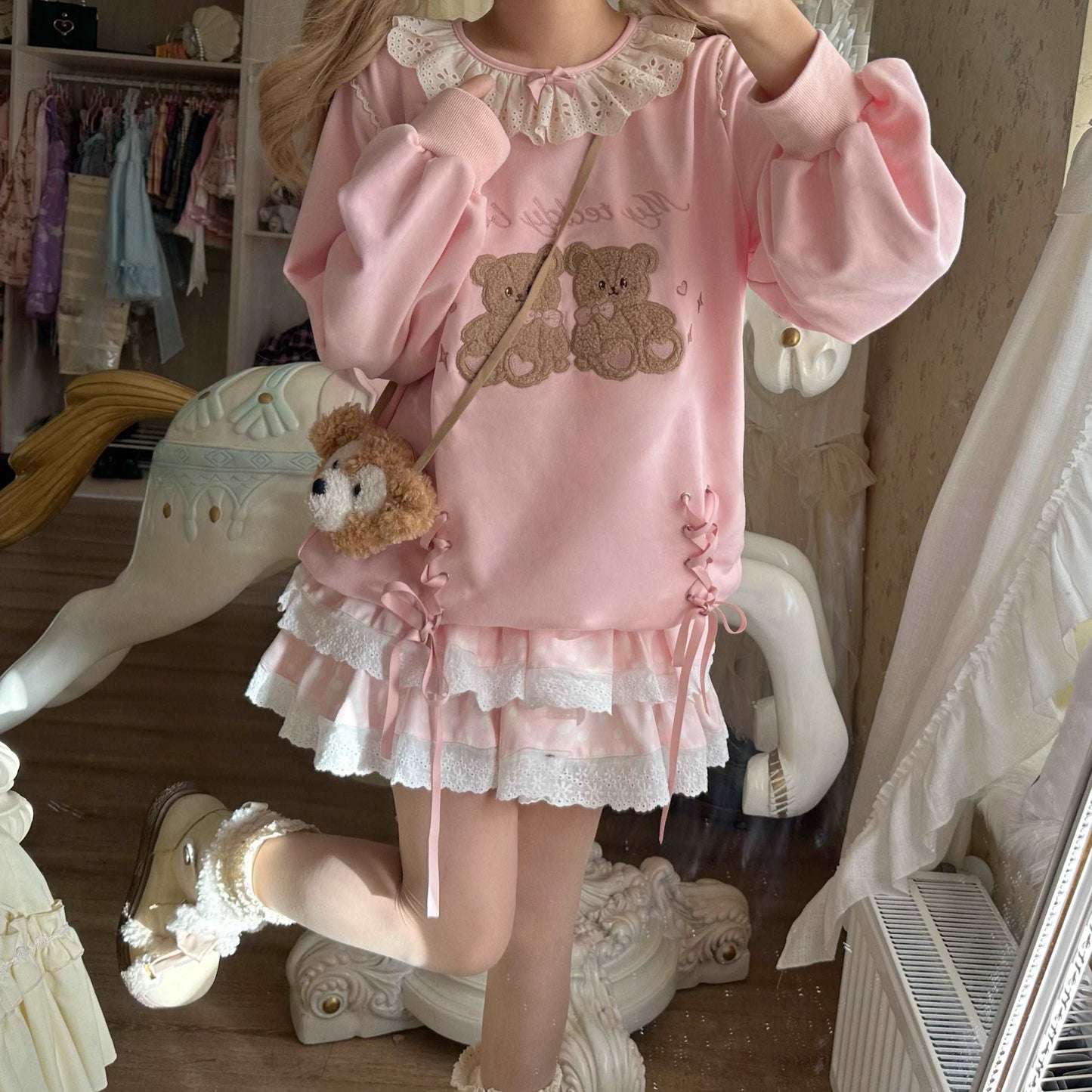 EGL Coquette Bow Ribbon Teddy Bear Pink Sweatshirt