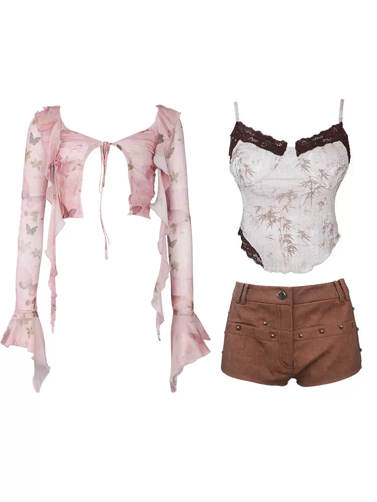 Serendipity Broken Butterfly Pink Cardigan & Camisole & Brown Shorts Three Piece Set