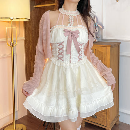 Ruellia Halter Neck Collar White Lace Dress & Pink Cardigan Two Piece Set