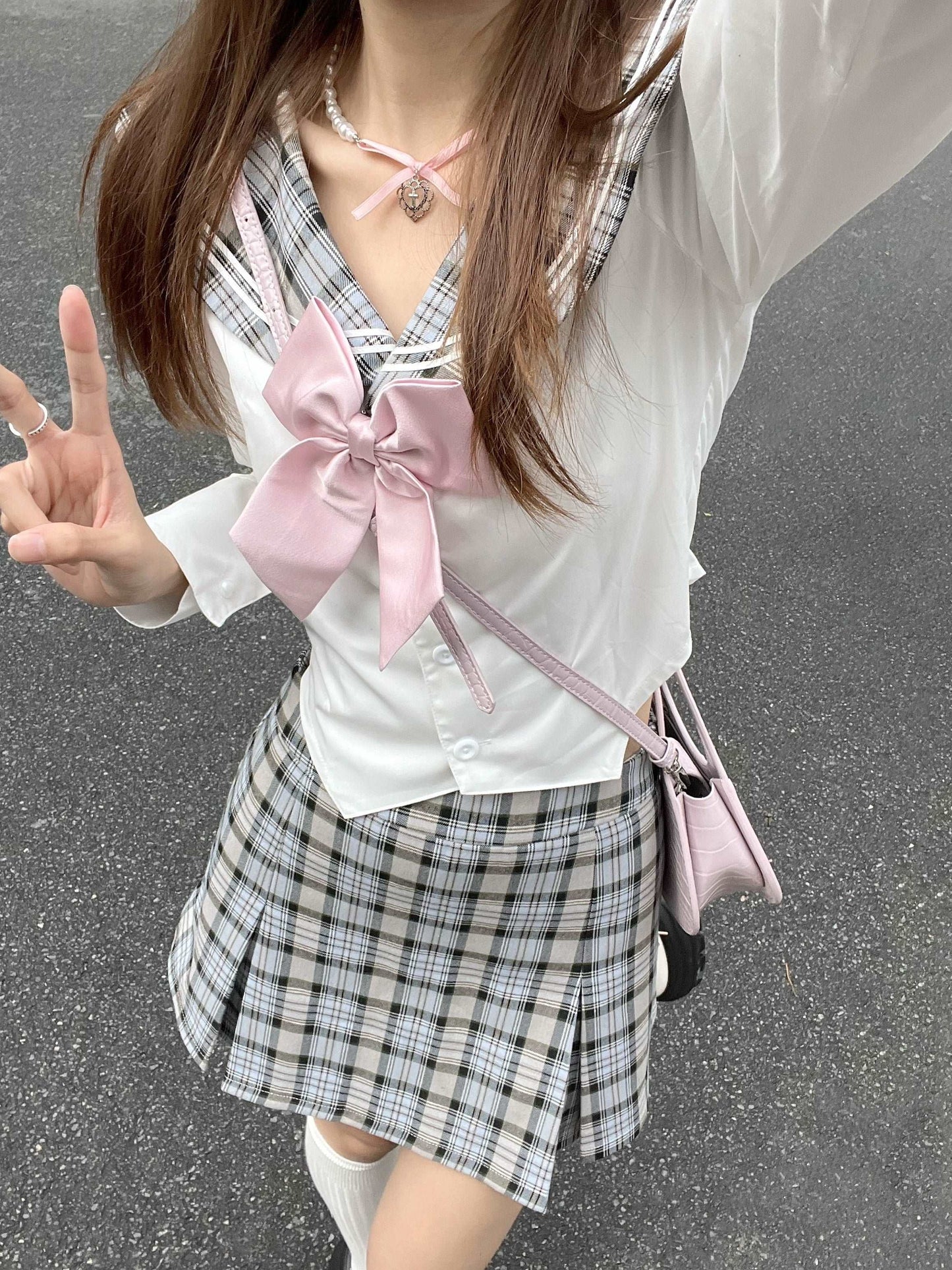 Academia Sailor Collar Uniform Gray Plaid Shirt Knit Cardigan Mini Skirt Three Piece Set