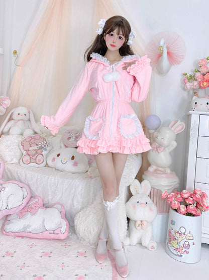 Candy Fairy Velvet Plush Pink Lace Ruffled Long Sleeve Zipped Up Dress