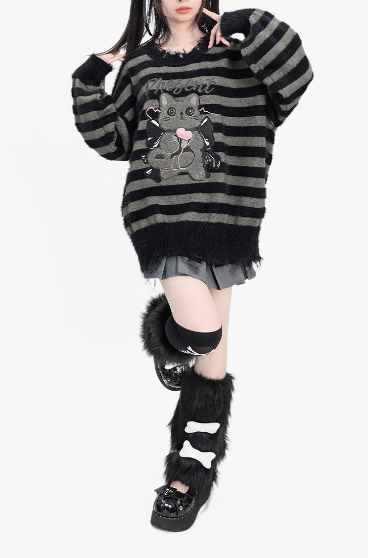 Round Neck Fuzzy Gray Black Striped Cat Sweater