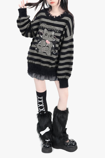 Round Neck Fuzzy Gray Black Striped Cat Sweater