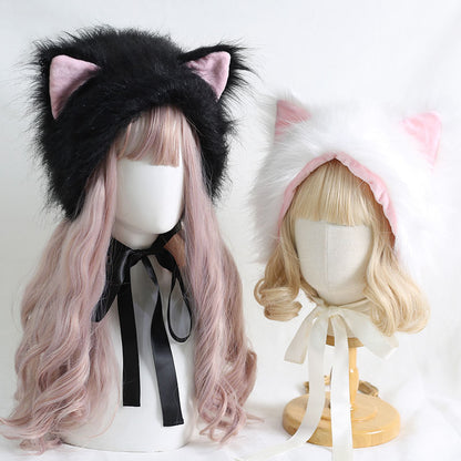 Winter Lolita White & Black Cat Ears Cute Handmade Fur Hats Headband