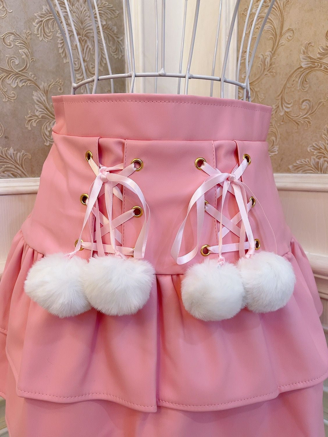 Sweetheart Princess Furball Ruffled PU Leather Pink White Black High Waist Mini Skirt