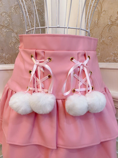 Sweetheart Princess Furball Ruffled PU Leather Pink White Black High Waist Mini Skirt