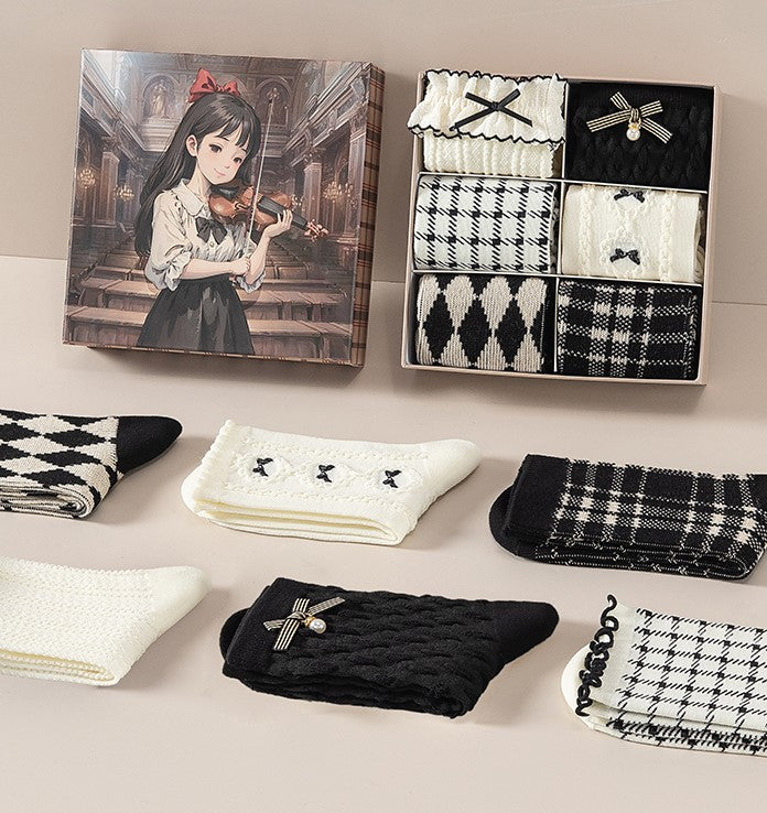 Gothic Black & White Bow Argyle Pattern Cotton Socks 6 Patterns Pairs Sets