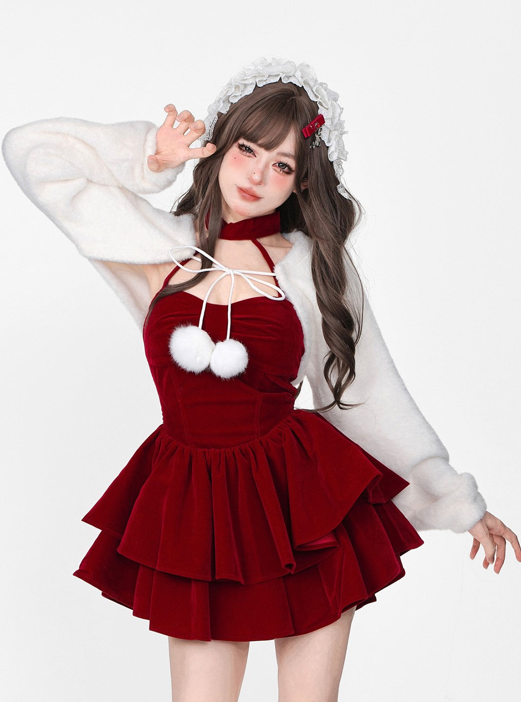 Young Eyes Winter Elf Princess Red Velvet Halter Neck Dress & Little White Jacket Two Piece Set